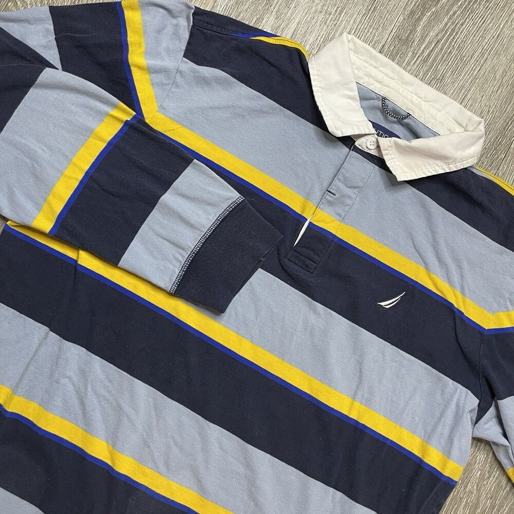 Nautica Rugby Striped Shirt Men’s Size L Blue Yellow Long Sleeve Logo Boat Top